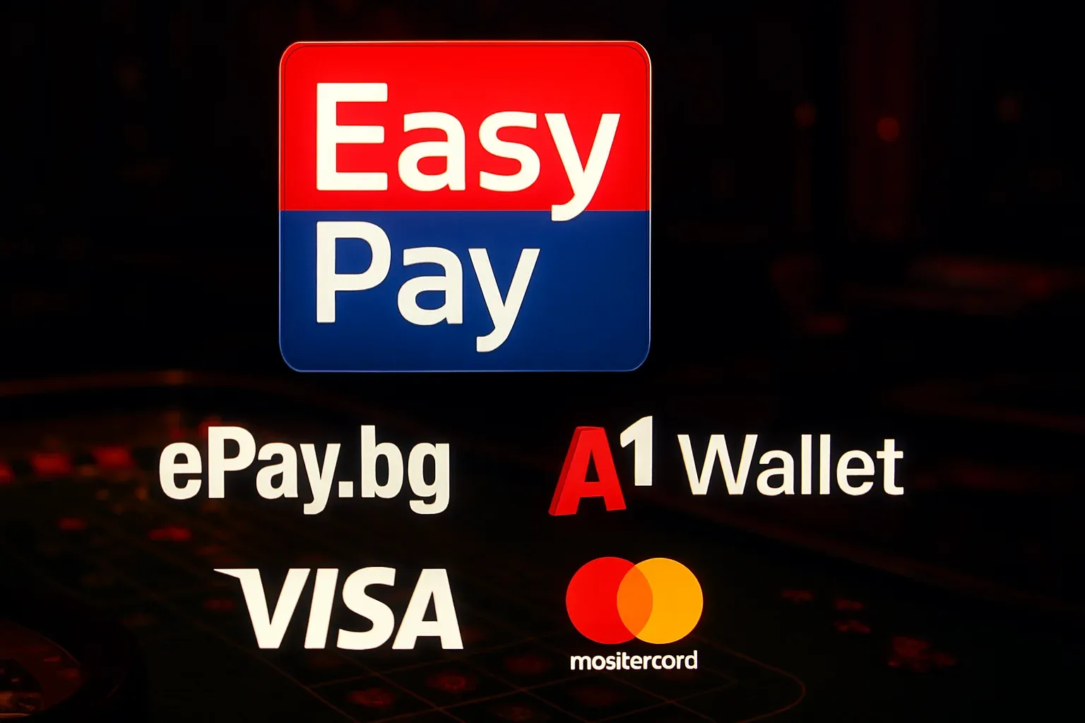 Лога на EasyPay, ePay.bg, A1 Wallet, Visa и Mastercard на тъмен казино фон