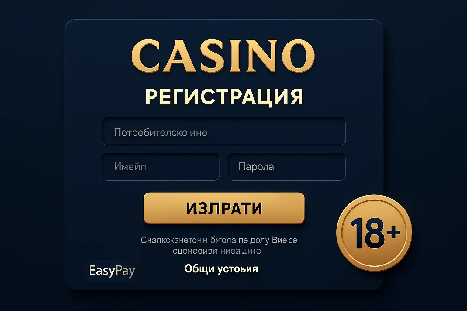 Концепция за регистрация в българско казино с форма, значка 18+ и EasyPay