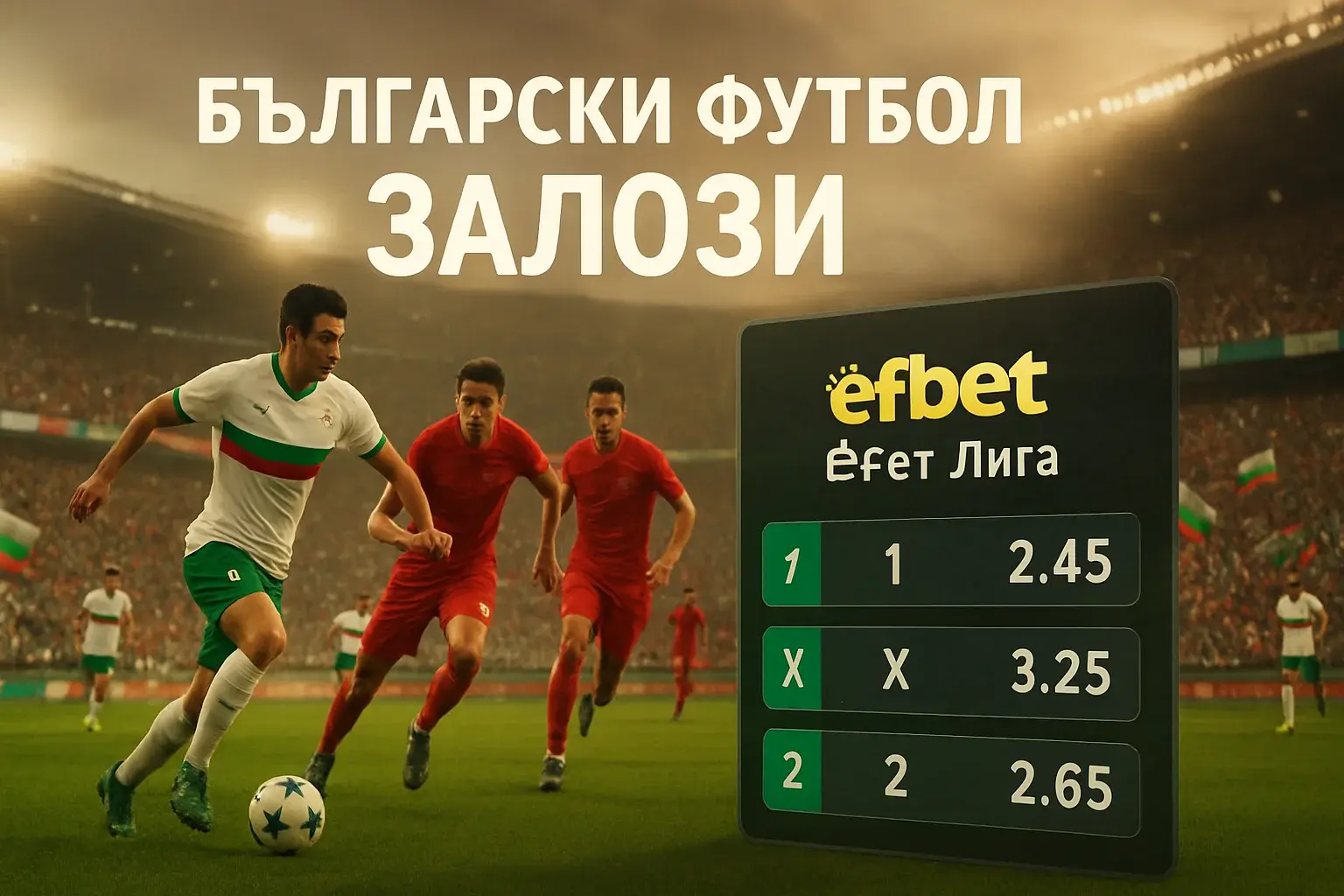 Банер за спортни залози с български футбол, стадион и efbet Лига